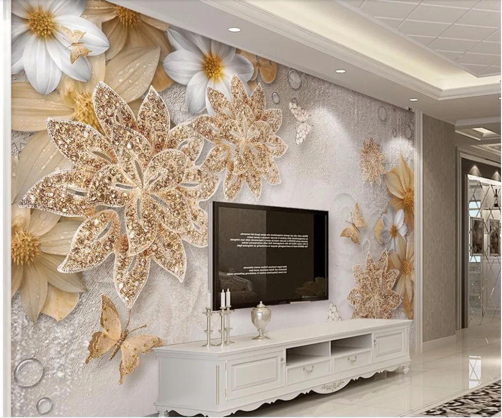 Пользовательские фото 3d стены росписи ткани домохозяйство золотые украшения цветок бабочка ТВ фоне стены шелковой ткани 3d принт ткани