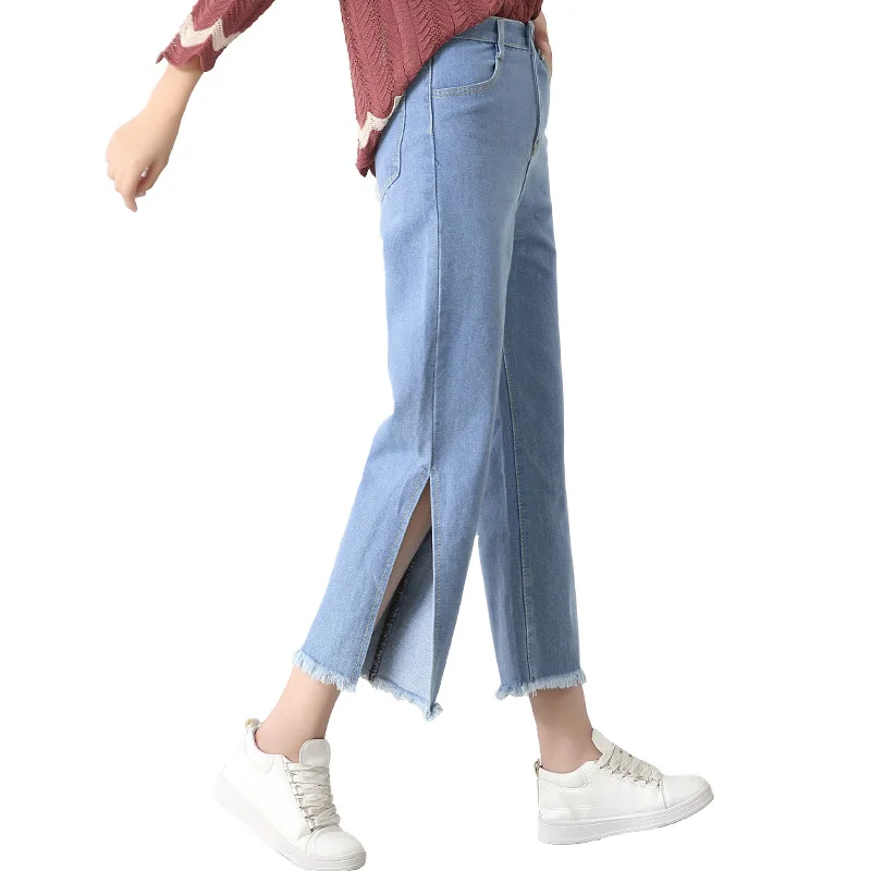 Г. летние ботильоны длина брюки для девочек Винтаж Высокая талия джинсы женщин Свободные Femme для вареная синяя джинсовая ткань