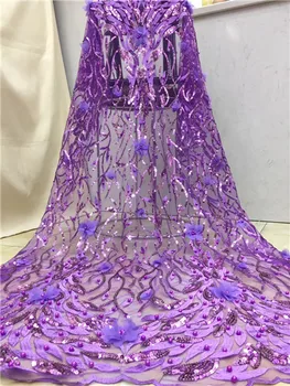 

african lace fabrics 5yard purple 3d flower lace with beaded 2019 high quality african tulle lace fabric for wedding dresses X6