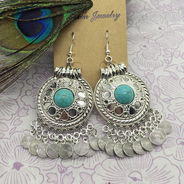 

Original style jewelry earrings Turquoise fringed Miao Silver Earrings FREE SHIPPING