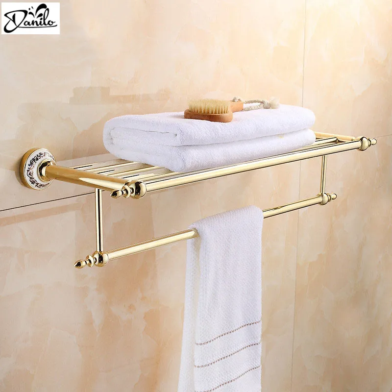 Wall Mounted Antique Brass & Ceramics Golden Towel Rack, Double Tier