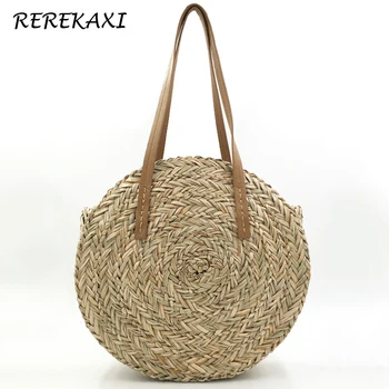 

REREKAXI Handmade Round Women's Handbag Bohemian Large Capacity Straw Bag Summer Woven Beach Bags Female Shoulder Bag Tote