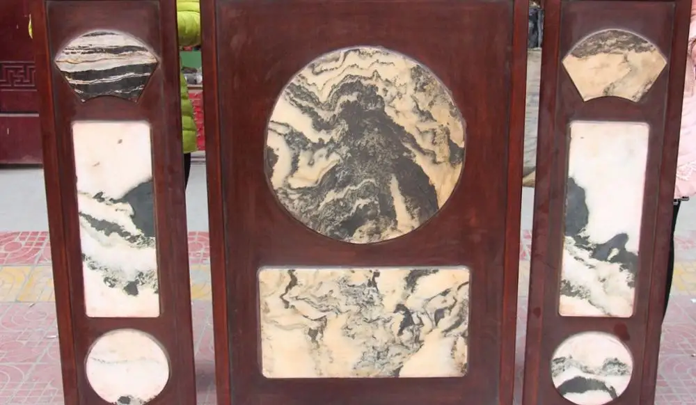 

60"Large Red Wood Marble Design Folding Screen Wall Hanging Full Set Statue