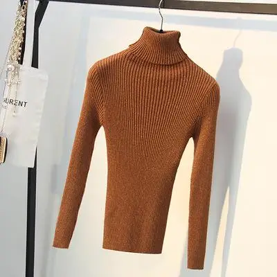 Базовый свитер с высоким воротником для женщин блестящие пуловеры с длинным рукавом трикотажные топы Женский пуловер рубашки Зимние вязаные топы ткань - Цвет: khaki