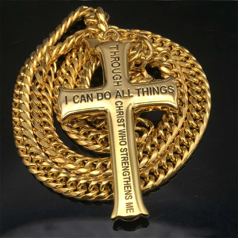 Золото/серебро тон филиппианцы 4:13 ювелирные изделия из нержавеющей стали крест кулон ожерелье Библейский стих с Фигаро цепи - Окраска металла: Gold
