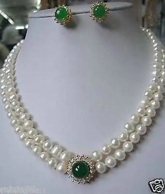 

Noblest Genuine Pearl necklace green Jade earring set AAA style 100% Natural jade Noble Fine jewe
