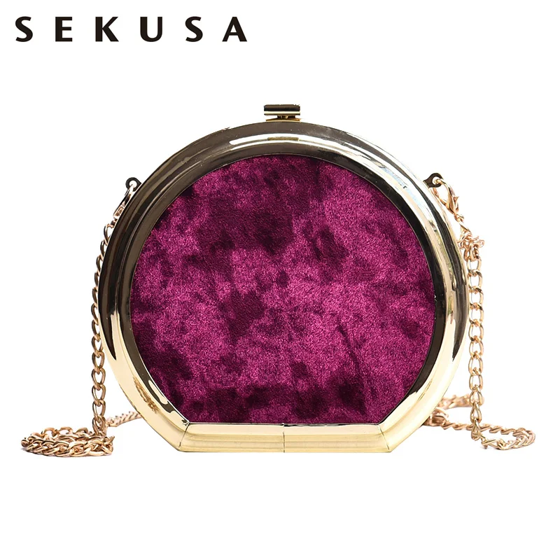 

SEKUSA Fashion Women Small Day Clutches Velvet Circular Shaped Chain Shoulder Handbags For Party Wedding Purse Bag