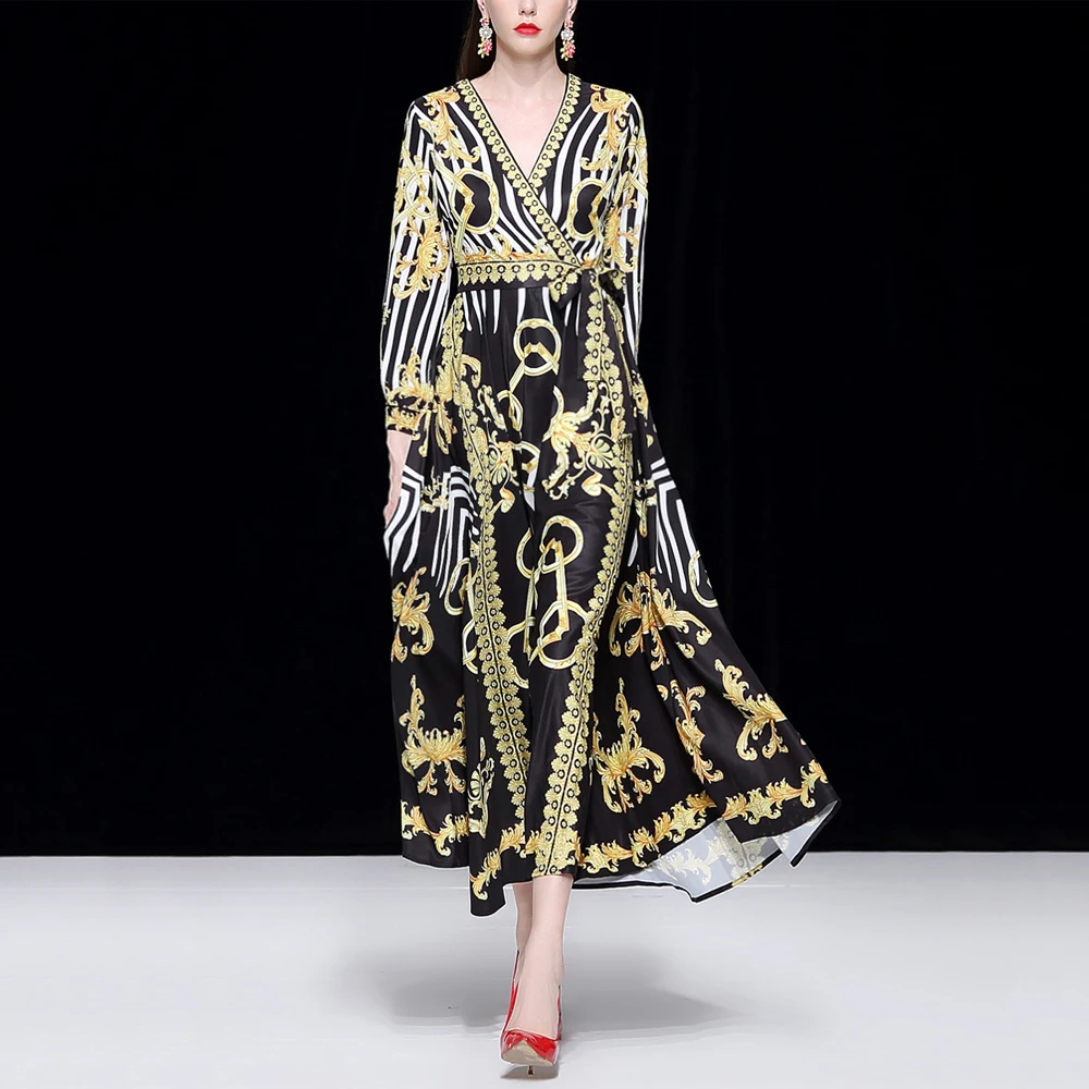 

Truevoker Spring Designer Long Dress Women's Long Sleeve Luxury Baroque Gold Printed Maxi Robe Femme Ete Retro Party Vestido