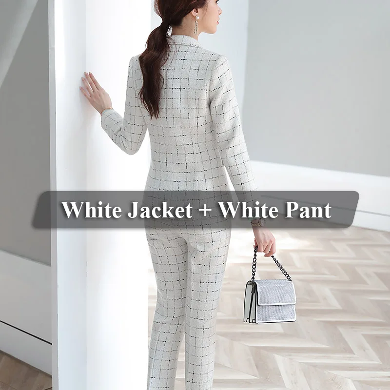 Lenshin, высокое качество, комплект из 2 предметов, грубый Деловой брючный костюм, клетчатый Блейзер, Офисная женская униформа, дизайн, Женский деловой пиджак и штаны - Цвет: 2 Pieces White Suit