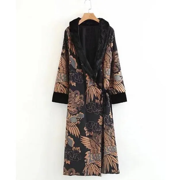 

2018 Black Floral Print Strappy Waist Velvet Kimono Trench Coat New Faux fur Collar Bandage Cardigan Windbreaker Coat