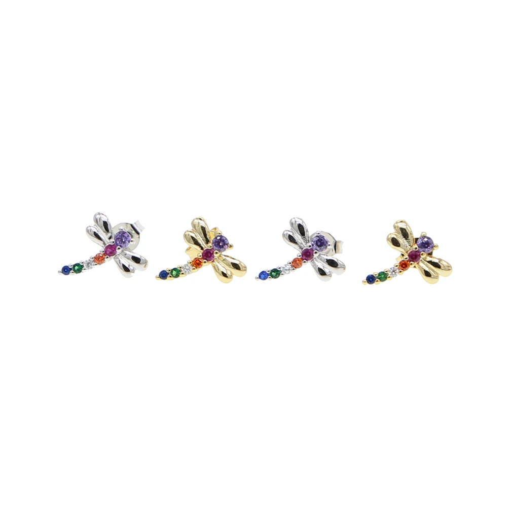 

Korean Style cute Dragonfly stud Earrings for Women mirco paved rainbow CZ Accessories Animal Wedding mini stud earrings
