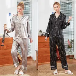 QWEEK атласная пижама Для женщин сезон: весна–лето в полоску пижамы шелковые женские пижамы атласное с длинными рукавами комплект из двух