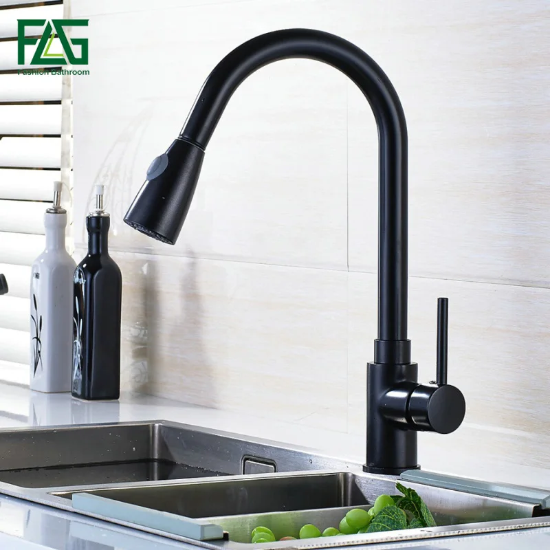 

FLG Kitchen Faucets Black Single Handle Pull Out Kitchen Tap Brushed Nickel 360 Degree Swivel Water Mixer Taps Sink Faucet C060B