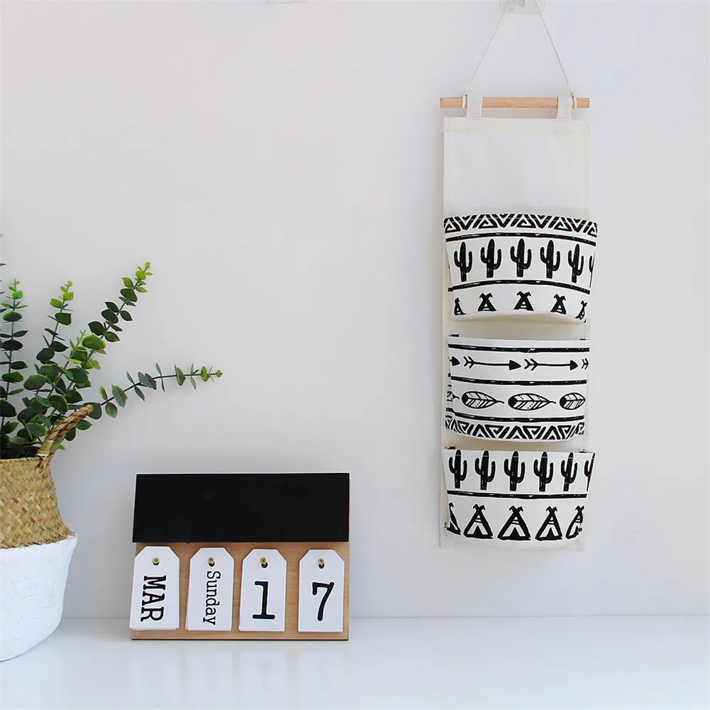 Черно-белый 3 отделения, подвесная сумка стены из хлопка и льна для хранения из ткани Nordic простой Стиль Ins пакет подвесной на дверь дома для хранения