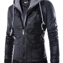 Весенне-осенняя мужская кожаная куртка с капюшоном, повседневная куртка из искусственной кожи на молнии с двойным воротником, мотоциклетное пальто
