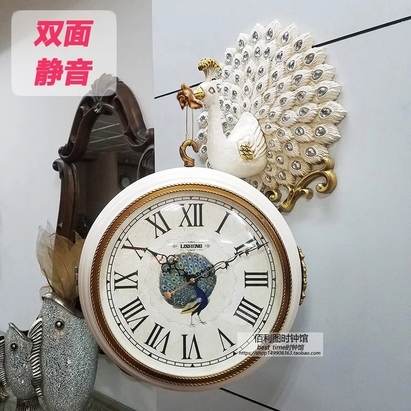 

European Peacock Double-sided Wall Clock Living Room Artwork Vintage Decorative Clock Silent Clocks Creative Modern Wall Clocks