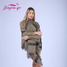

Jinjin.QC 2018 Plus Size Winter Warm Women's Wool Turtleneck Sleeveless Pullovers Plaid Knit Sweater Poncho JJ2017111102