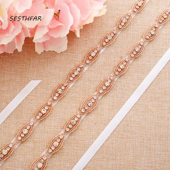 

Pearl Diamond Bridal Belt Rose Gold Rhinestone Belt Hand Beaded Crystal Belt For Wedding Dress J179RG