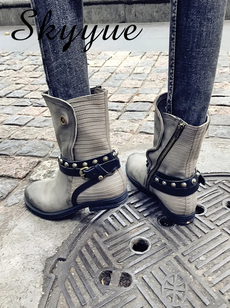 SKYYUE Genuine Leather Studded Women Winter Boots Round Toe Cowboy Low Heel Boots Fashion Boots Shoes Women jawakye round toe silver chains studded ankle boots women flat heel genuine leather winter shoes motocycle boots for women