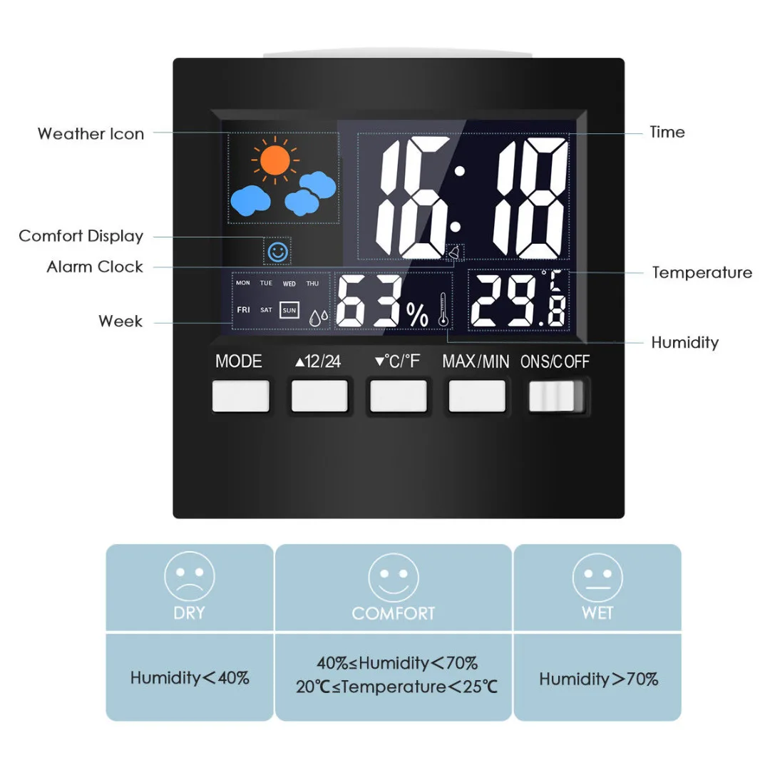 JX-LCLYL Digital Weather Forecast Thermometer Hydrometer Backlight Snooze Alarm Clock