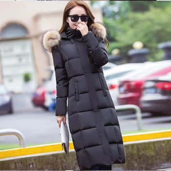 

women grey/black New Autumn Winter natural Fur Collar Long Thick Down Coats lady White Duck Down Jacket Hat coats Female Jackets