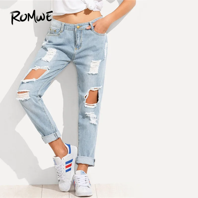 

ROMWE Light Blue Ripped Hole Distressed Vintage Straight Jean Women 2019 Cut Out Detail Fashion Boyfriend Bleached Denim Pants