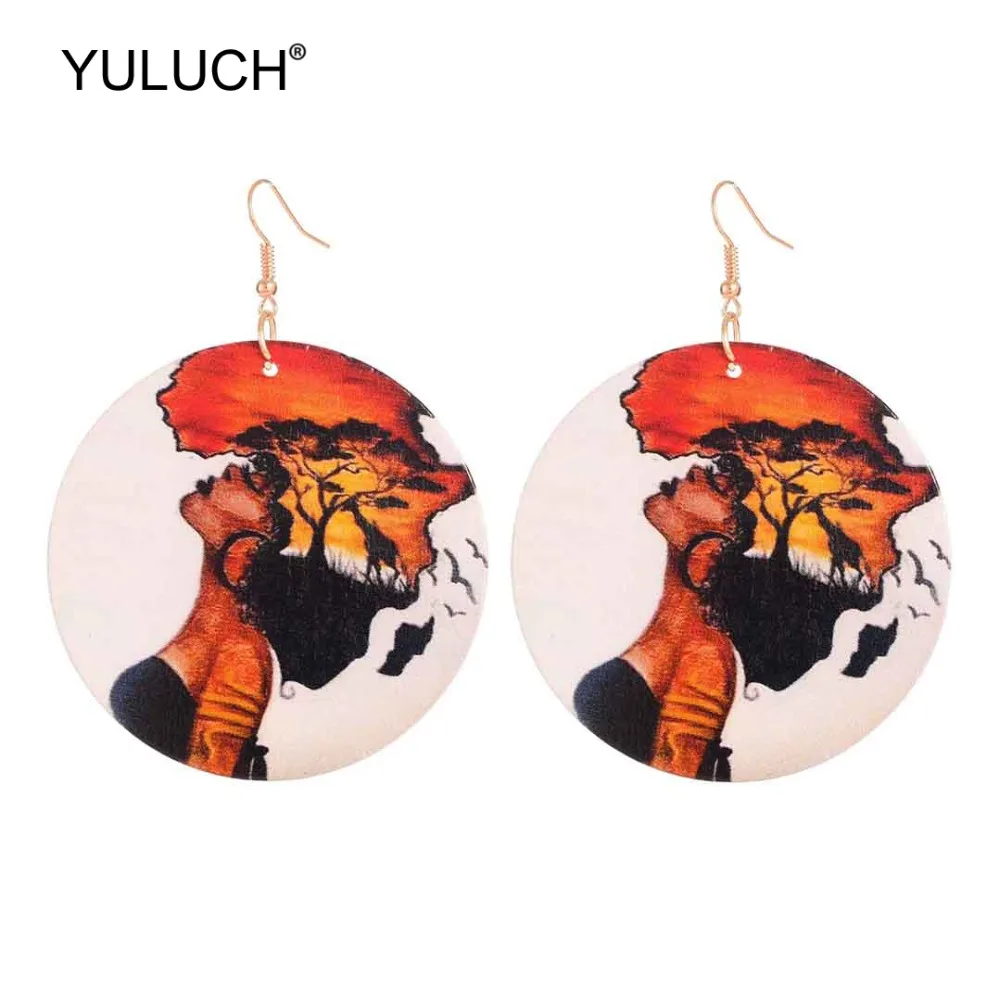 

YULUCH 2019 Fashion Women Round Wooden Muticolor Painted Women Drop Earrings Ethnic African Painting Lady Pendant Earrings Gifts