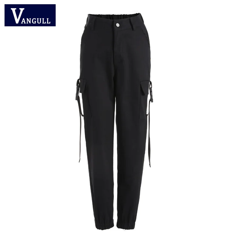 capri leggings Vangull Cotton Black Streetwear Cargo Pants Women Casual Joggers High Waist Pants Loose Female Trousers Classic Buckle Pants black cargo pants Pants & Capris