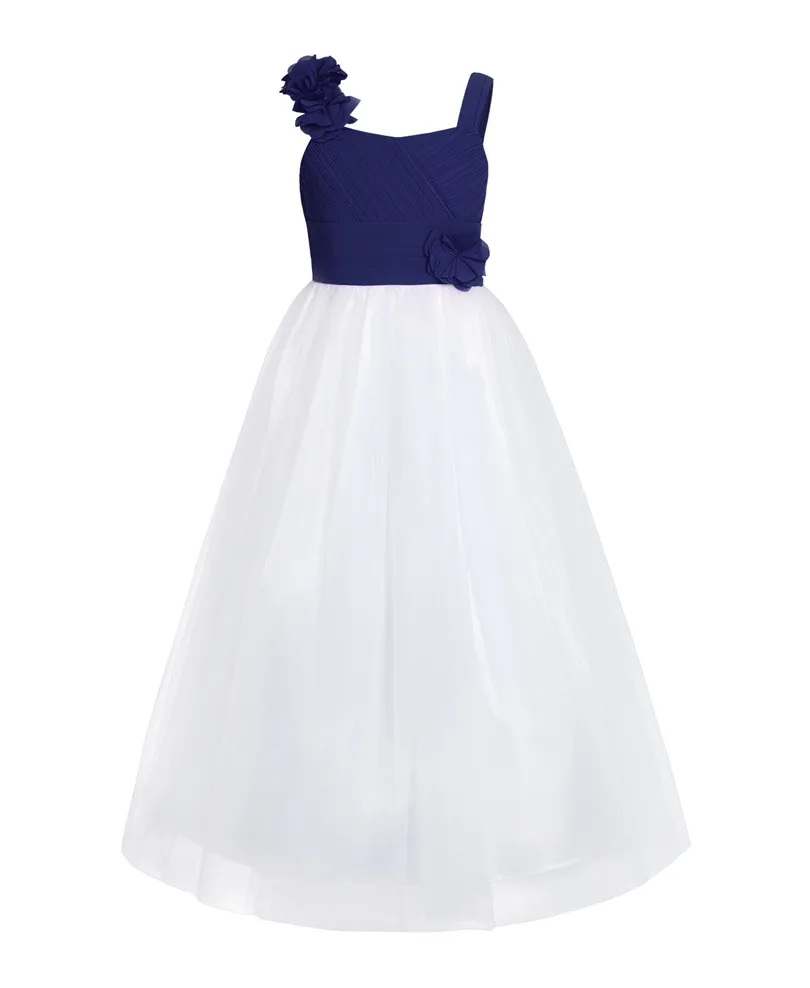 Navy Blue Коллекция года, красивое шифоновое Сетчатое платье без рукавов с объемным цветком для девочек бальное платье принцессы, элегантное праздничное платье на свадьбу, SZ 4-14 - Цвет: Navy Blue