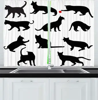 

Cat Curtains Silhouette Kittens Various Postures Playing Red Ball Animal Pet Paw Print Window Decor Panel Set Cafe Vermilion