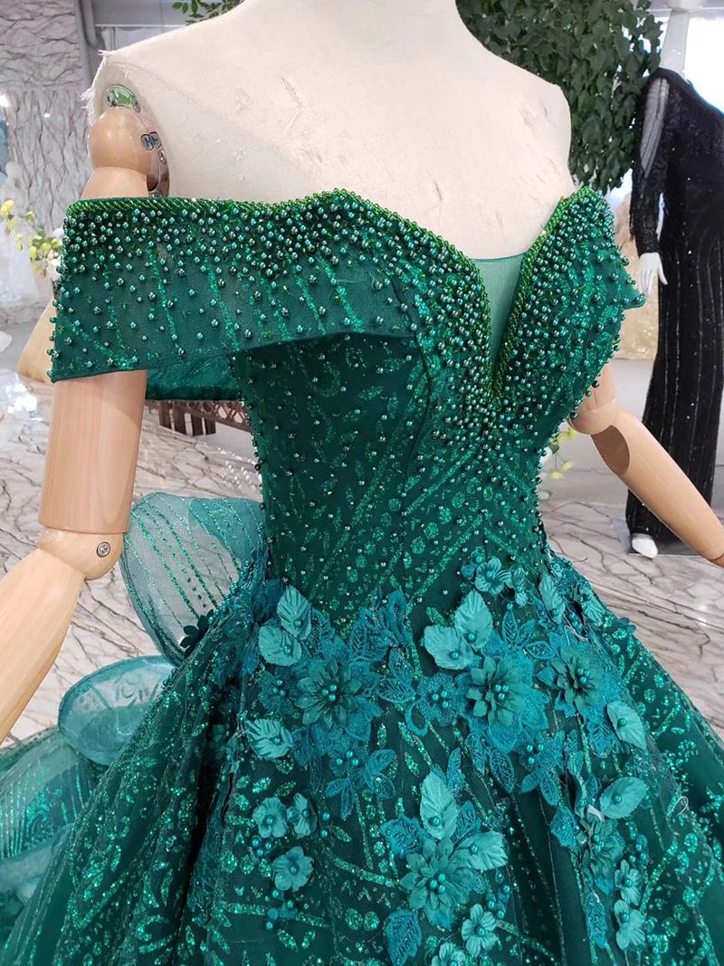 HTL240 robe de soiree green lace evening dresses long off the shoulder beaded sweetheart A-line formal party dress court train