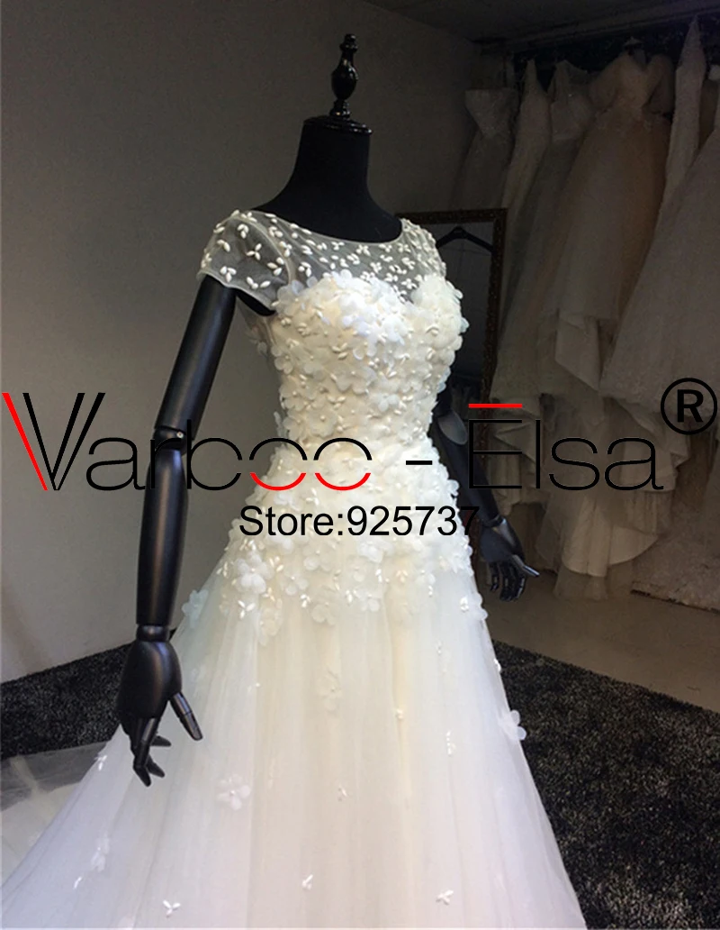 Varboo_elsa 2018 платье Vestido De Noiva 3D аппликация бисером свадебное платье Белый Кружево короткий рукав Кисточки поезд арабский линия свадебное