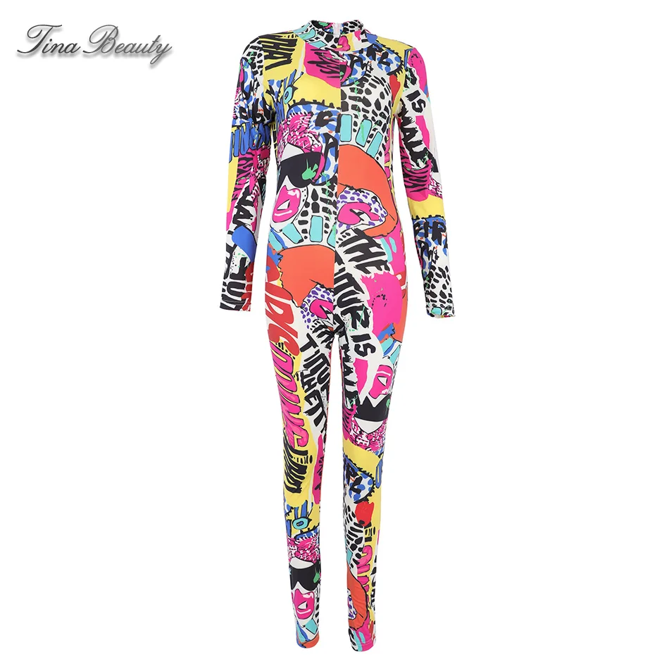 Tina Beauty Red Yellow and Black Colorblock Printing Pattern Full Sleeves Bodycon Maxi Jumpsuits for Women 2019