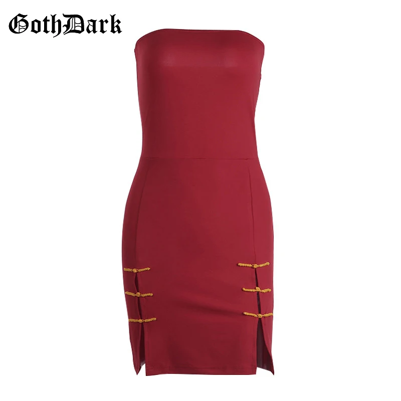 Женское платье с разрезом Goth Dark, однотонное красное платье с открытой спиной, с завязками, элегантное облегающее летнее платье на пуговицах