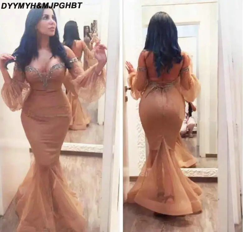 Plus Size Gold Mermaid Dresses Evening Wear Beaded Sexy Off The Shoulder Illusion Sleeves Prom Gowns Saudi Arabic Tulle Formal Party Dress_