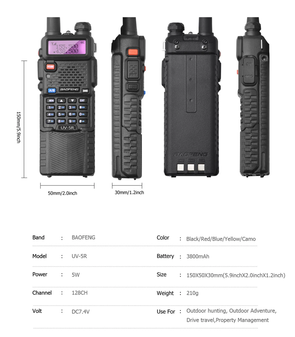 2 шт. Baofeng UV-5R 3800 мАч Long Range Walkie Talkie 10 км Dual Band УВЧ и УКВ UV5R Ham КВ трансивер Портативный УФ 5R радиостанции