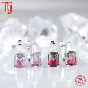 

TKJ Real 925 Sterling Silver Stud Earrings For Women party wedding Luxury tourmaline Earrings cubic zirconia stone fine jewelry
