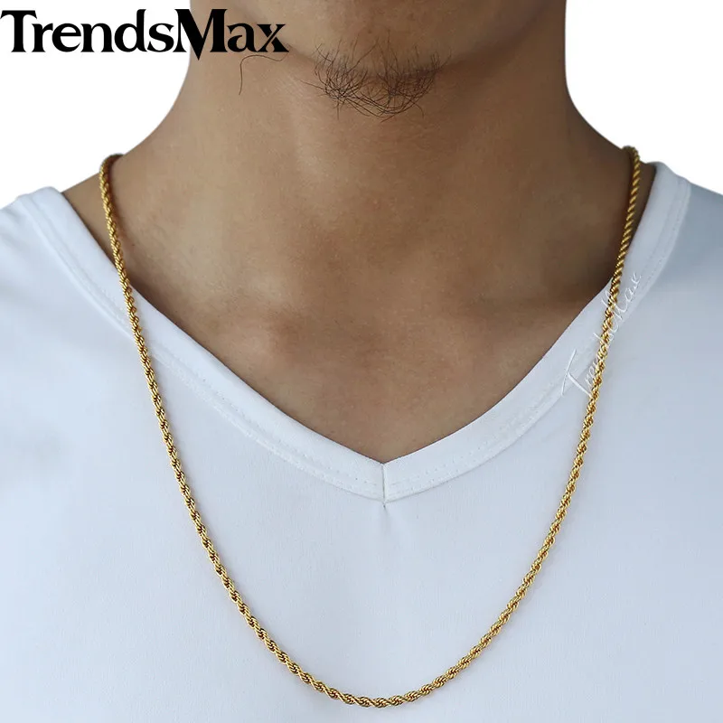Trendsmax, женское и мужское ожерелье, золотое ожерелье, звено веревки, цепь в стиле хип-хоп, мужские ювелирные изделия,, подарок 2,5/3,5 мм GN435
