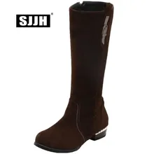 SJJH/женские ботинки «Челси» из нубука с высоким голенищем, с круглым носком, на низком массивном молнии, до середины икры, осенняя модная повседневная обувь, большие размеры A964