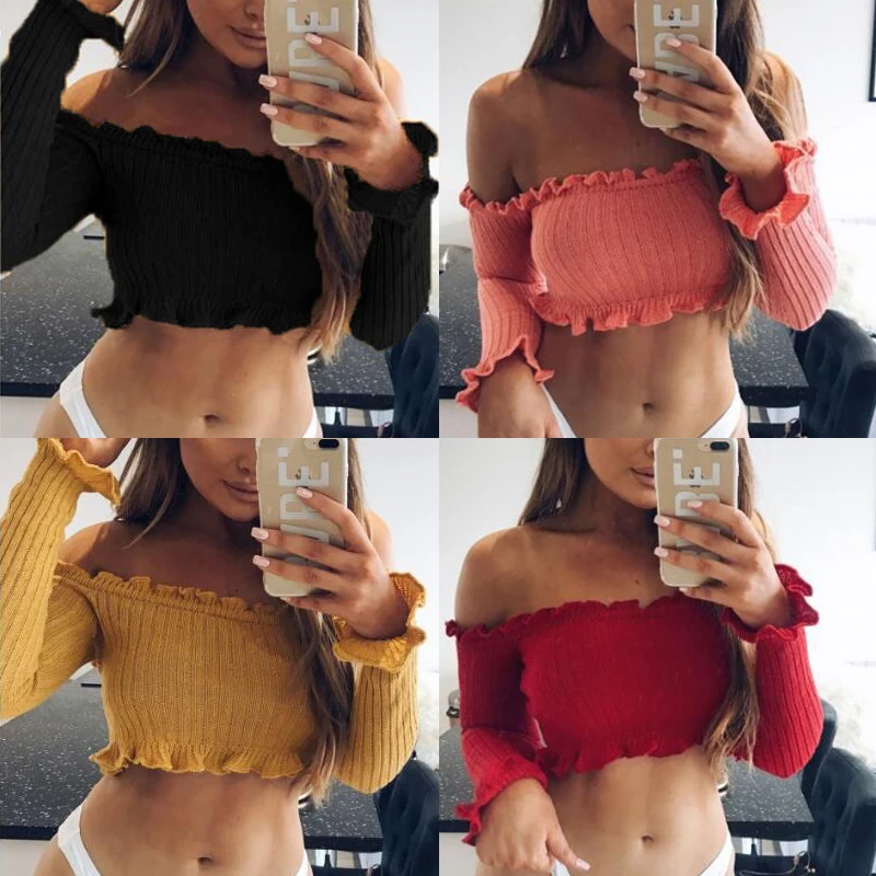 New Women's Ladies Off Shoulder Frill Bardot Jumper Ribbed Long Sleeve Crop Tops
