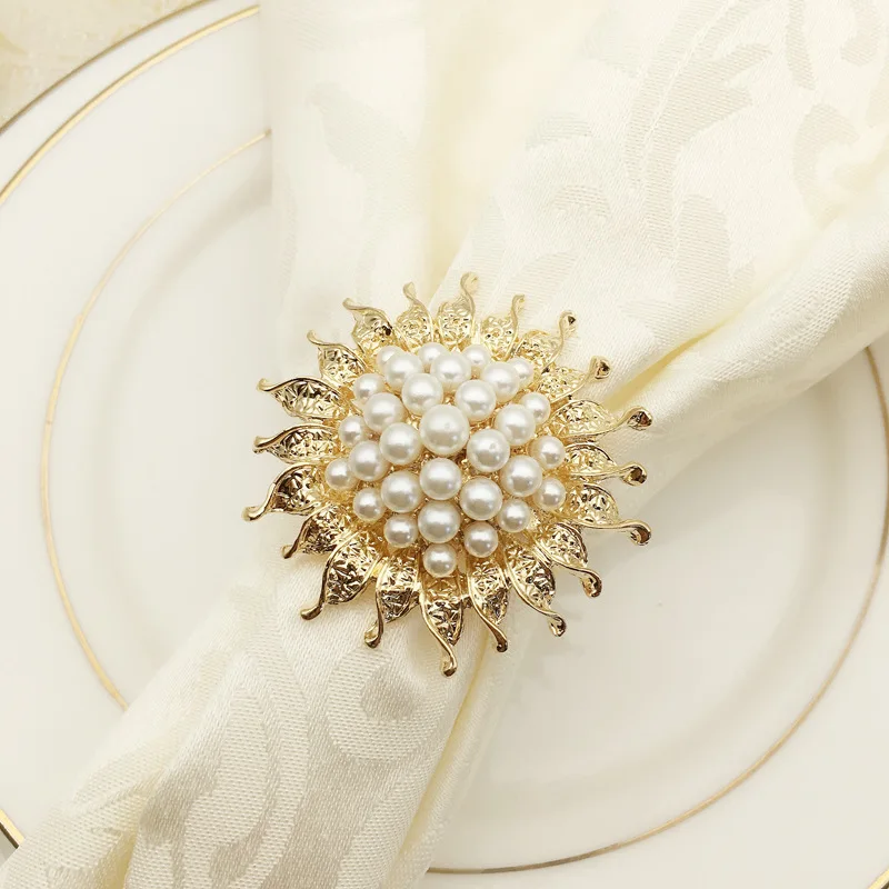 

24PCS metal alloy napkin ring pearl sunflower napkin buckle table accessories