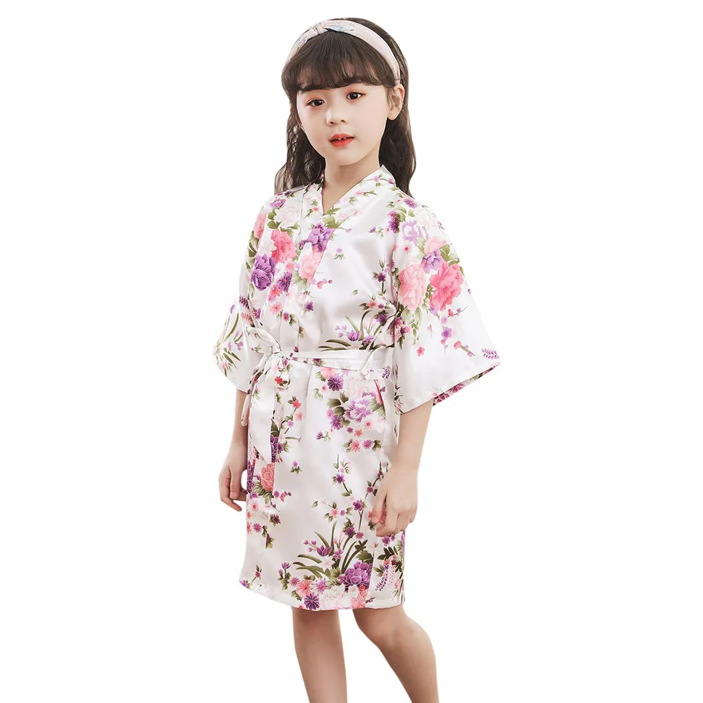 Детский халат халаты для девочек халаты с цветочным узором для девочек халат шелковый атласное кимоно; наряд банный халат для девочек одежда для сна