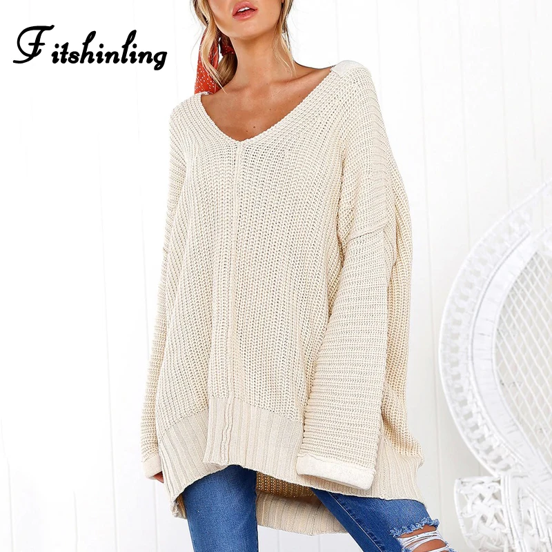 Fitshinling Oversized sweaters fashion 2018 women clothing v neck loose