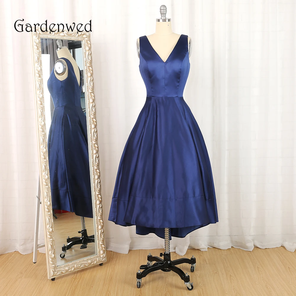 

Gardenwed Deep Blue Tea Length Evening Dress Simple Style Backless V Neck Satin Formal Party Gowns Dresses Cheap 2019