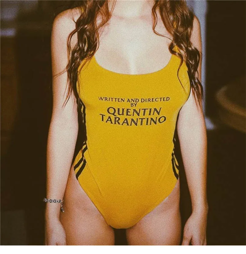 

NiceMix Fashion Letter Print Side Striped Strap Summer Cotton Yellow Bodysuit Women Party Club Sexy Skinny Bodysuits Overalls