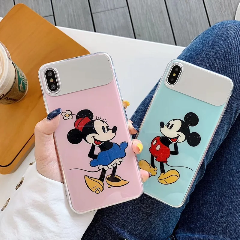 

Makeup Mickey mirror case for iphone 7 8 plus 6splus cute women glossy coque for iphone xr xsmax x cover luxury minnie pink case