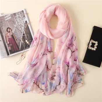 

Women Wrinkle Silk Scarf Elegant Floral Beach Shawls Soft Foulard Pashmina Scarves Thin Summer Travel Scarfs Wraps