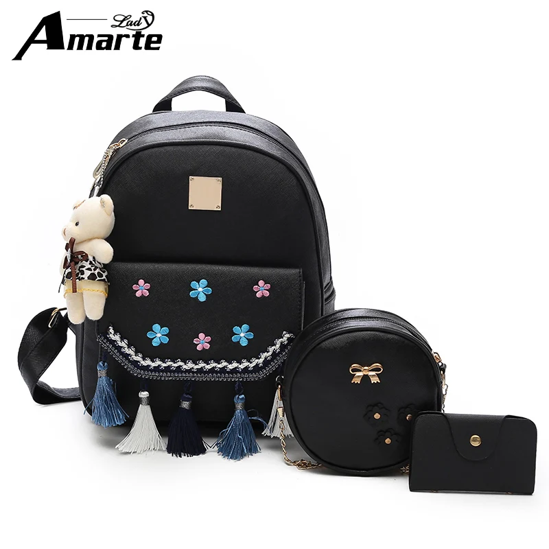 

Amarte 2018 Fashion Backpack Women Pu Leather Back Pack Famous Brand School Bags for Girls sac a dos femme with Purse and Bear