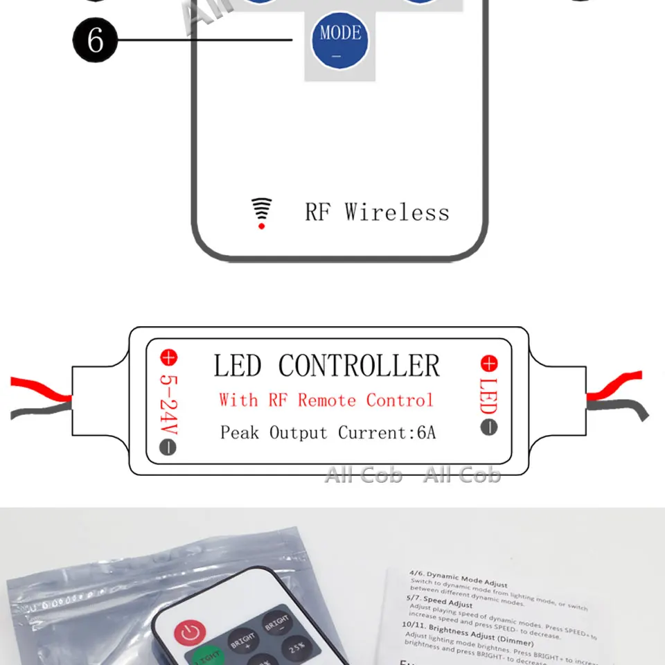 5V-12V-24V DC светодиодные полосы RF беспроводной мини дистанционный Частотный плавный диммер постоянного тока и разъем провода Яркость Регулировка 12 В светодиодный контроллер