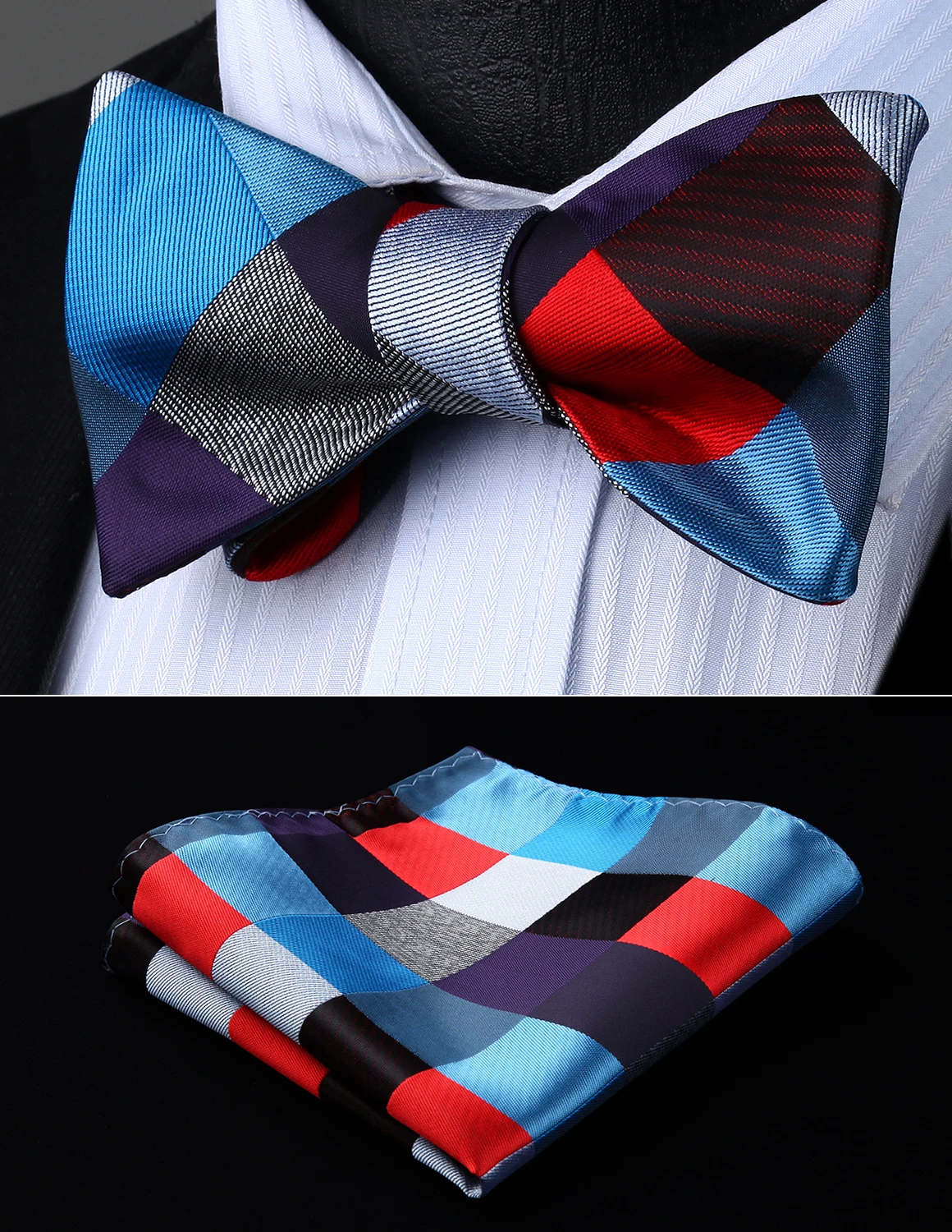 Tie And Pocket Square Set Men Woven Party Wedding Blue Gray Red Plaid & Chcek Self Bow Tie Pocket